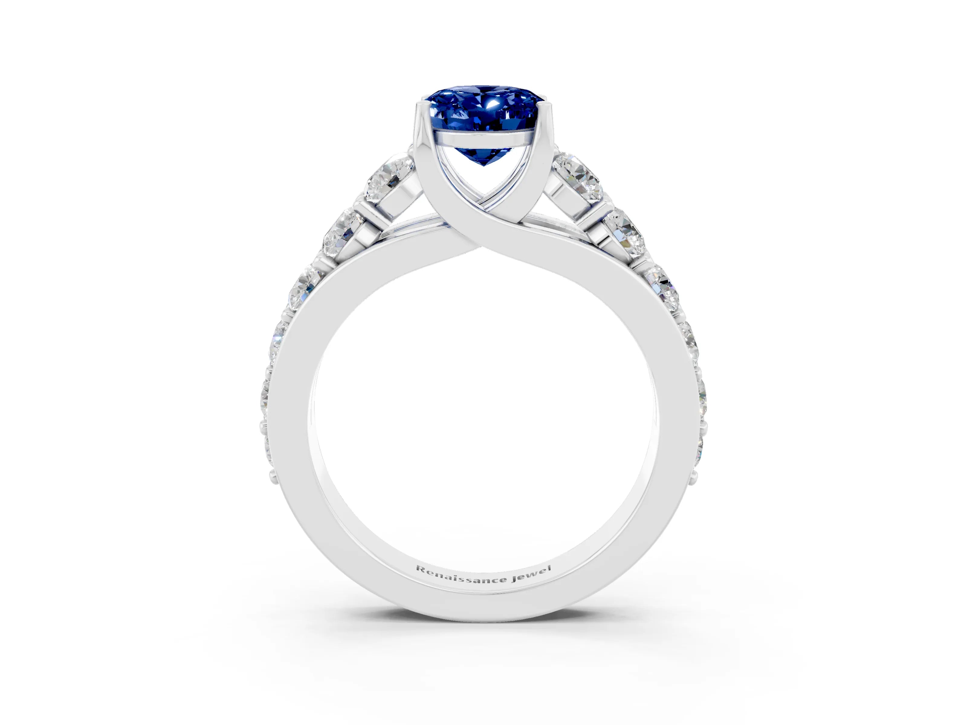 White gold Oval Cut Blue Sapphire Engagement Ring with Pavé Band and Four-Prong Setting_3