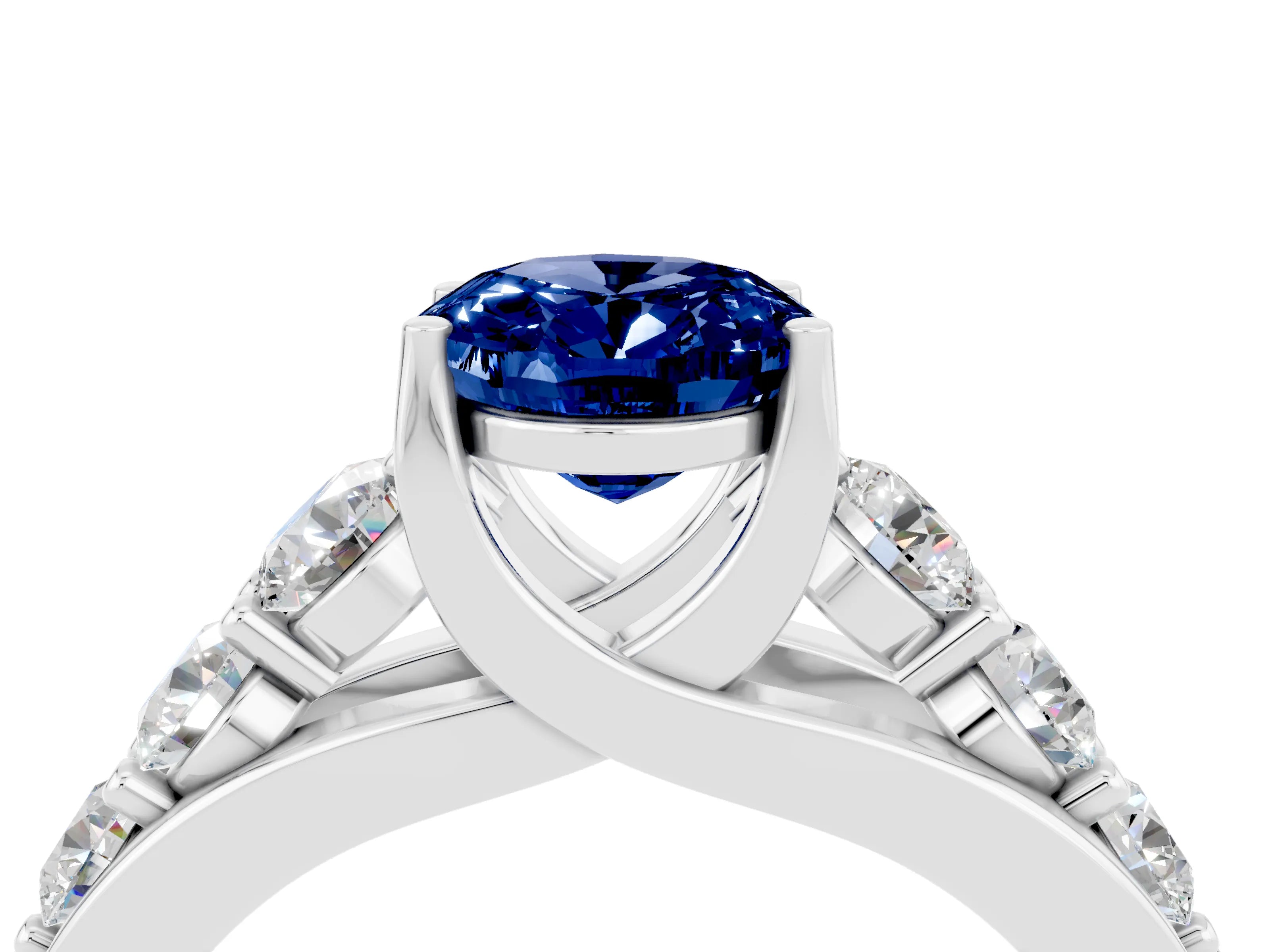 White gold Oval Cut Blue Sapphire Engagement Ring with Pavé Band and Four-Prong Setting_4