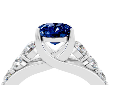 White gold Oval Cut Blue Sapphire Engagement Ring with Pavé Band and Four-Prong Setting_4
