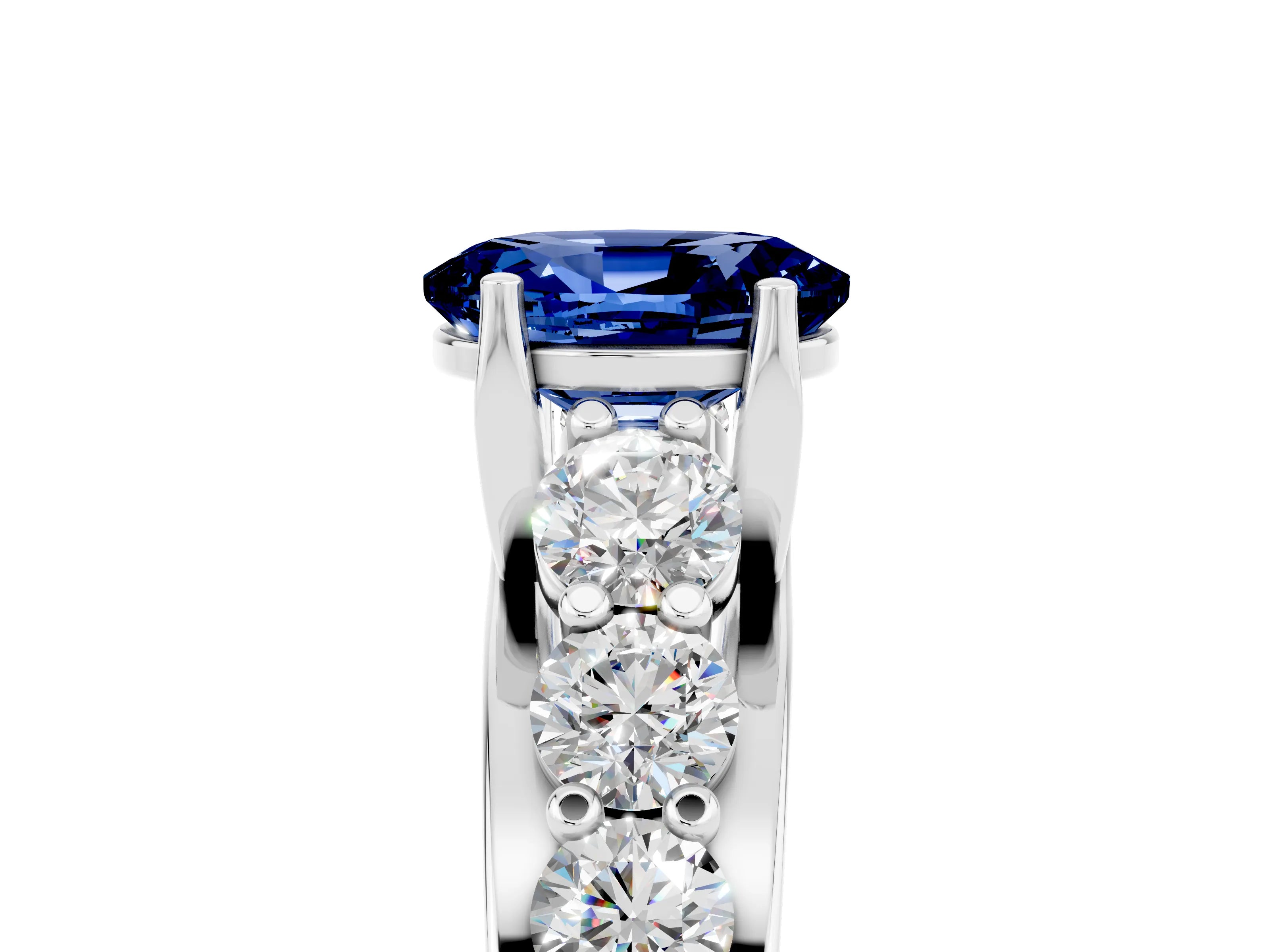 White gold Oval Cut Blue Sapphire Engagement Ring with Pavé Band and Four-Prong Setting_5