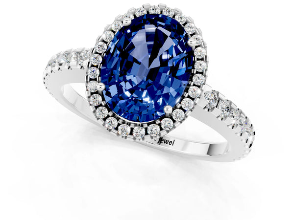 Platinum Oval Cut Blue Sapphire Halo Engagement Ring with Pavé Band and Prong Setting
