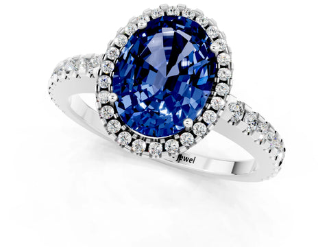 White gold Oval Cut Blue Sapphire Halo Engagement Ring with Pavé Band and Prong Setting_13