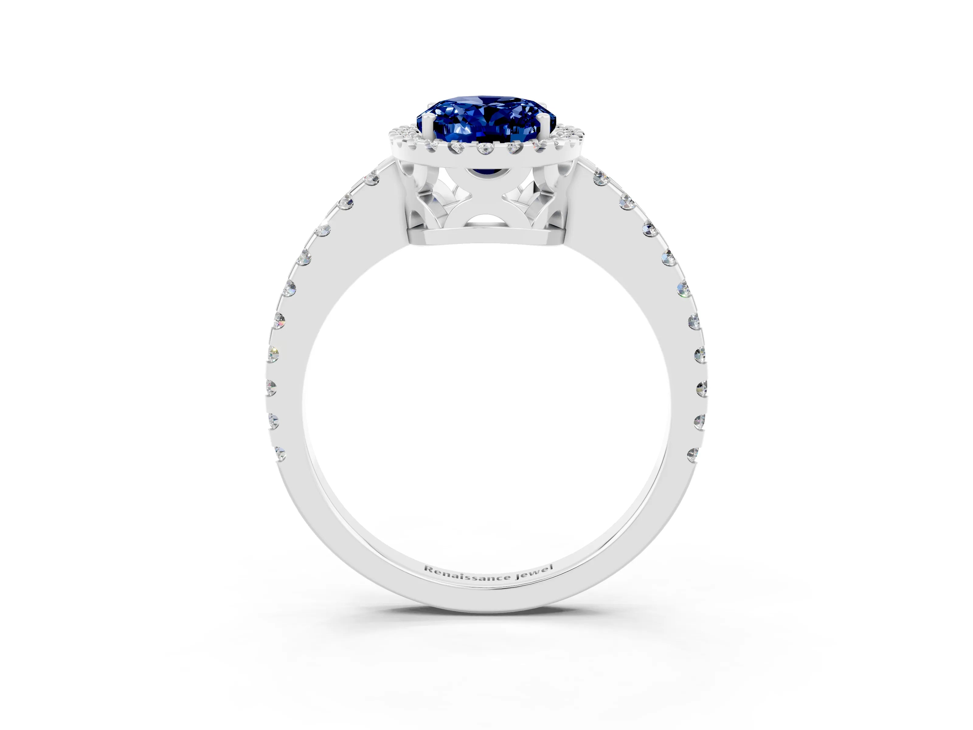 White gold Oval Cut Blue Sapphire Halo Engagement Ring with Pavé Band and Prong Setting_15