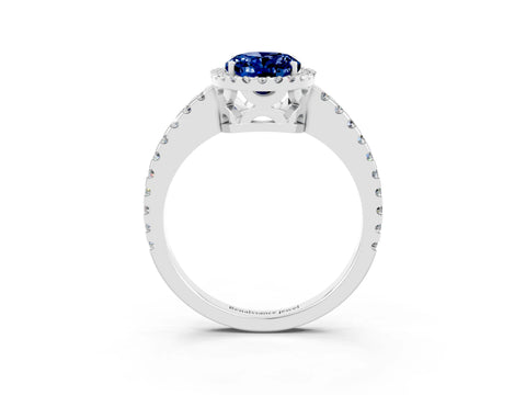 White gold Oval Cut Blue Sapphire Halo Engagement Ring with Pavé Band and Prong Setting_15