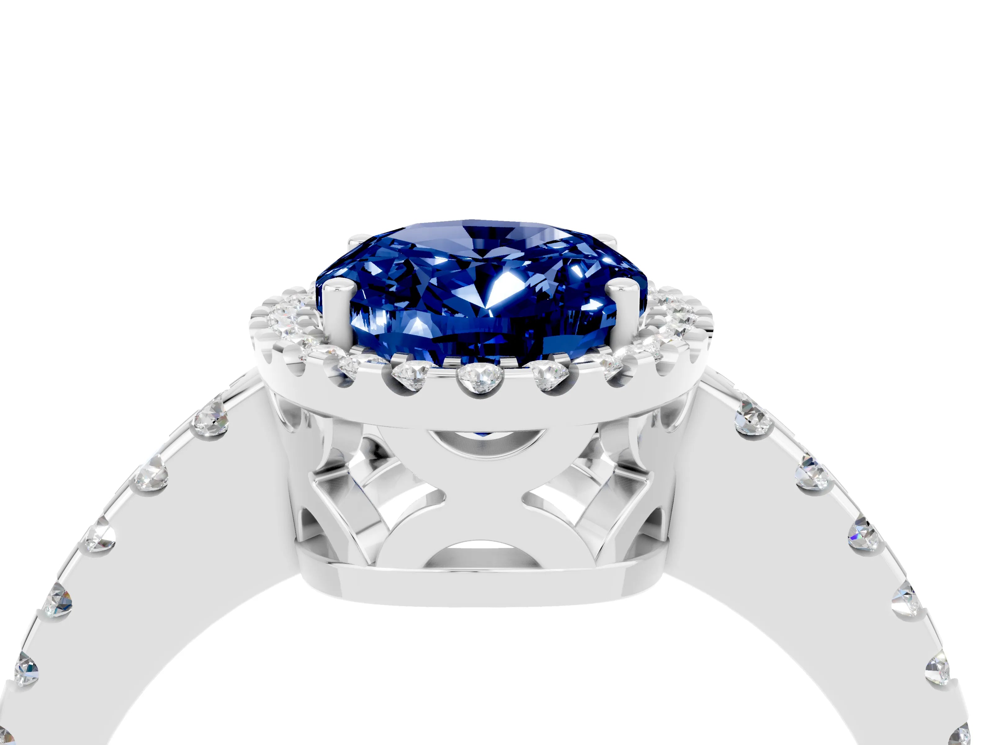 White gold Oval Cut Blue Sapphire Halo Engagement Ring with Pavé Band and Prong Setting_16