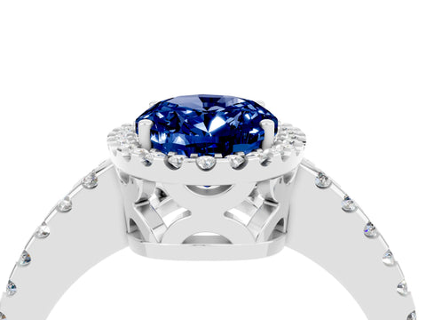 White gold Oval Cut Blue Sapphire Halo Engagement Ring with Pavé Band and Prong Setting_16