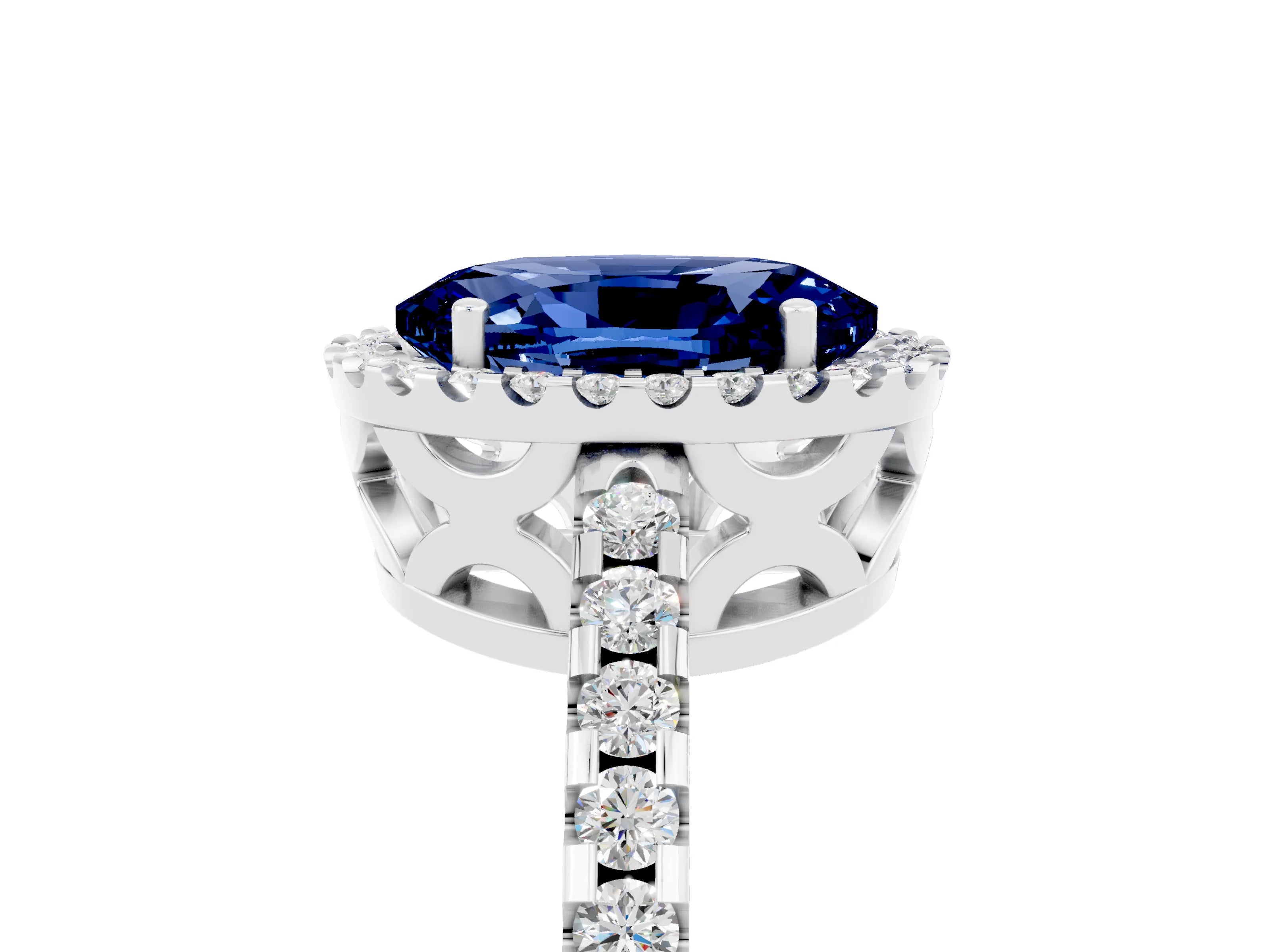 White gold Oval Cut Blue Sapphire Halo Engagement Ring with Pavé Band and Prong Setting_17