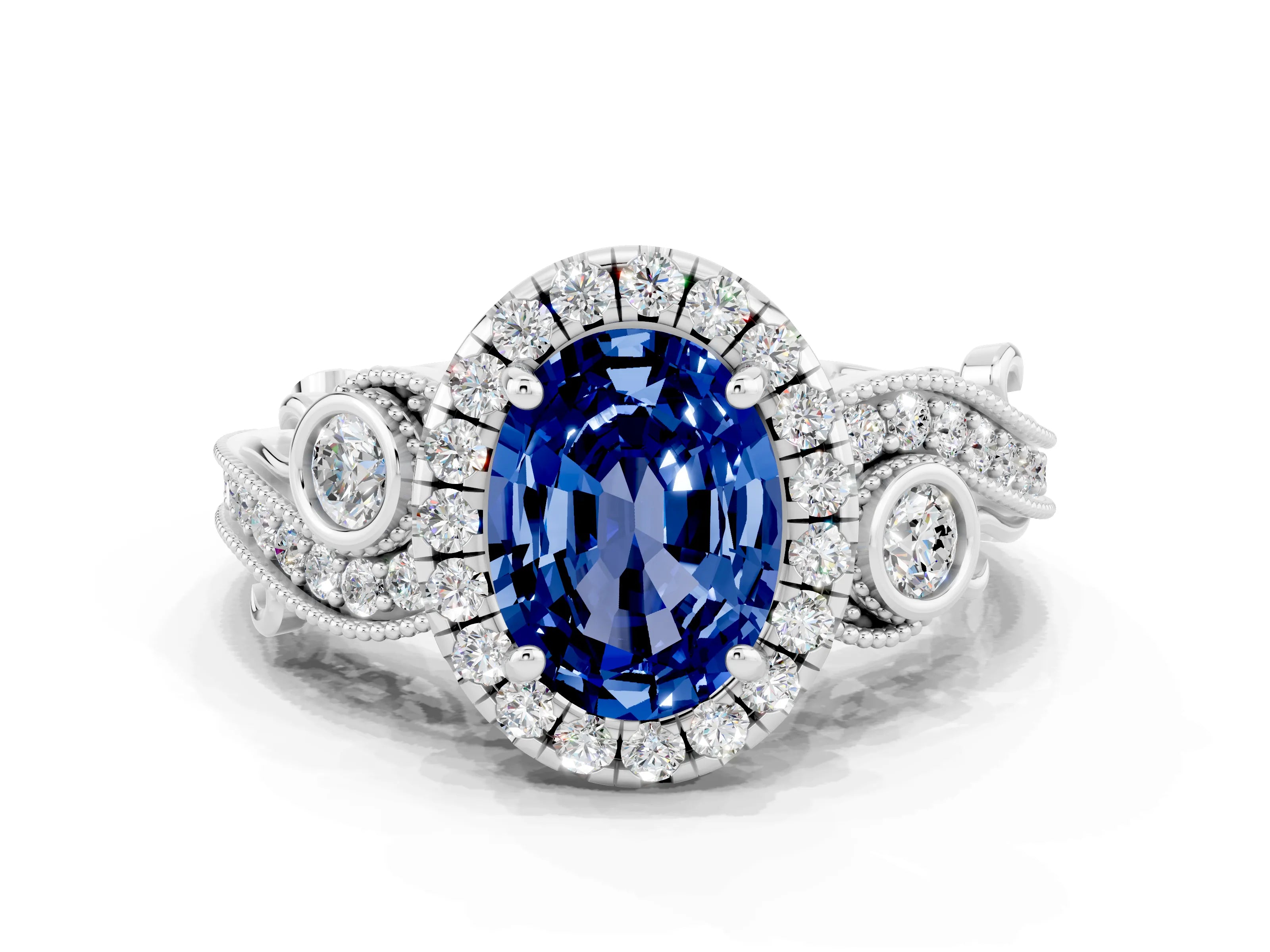 White gold Oval Cut Blue Sapphire Halo Ring with Milgrain Pavé Band and Four-Prong Setting_12