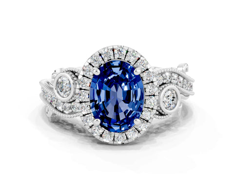 White gold Oval Cut Blue Sapphire Halo Ring with Milgrain Pavé Band and Four-Prong Setting_12