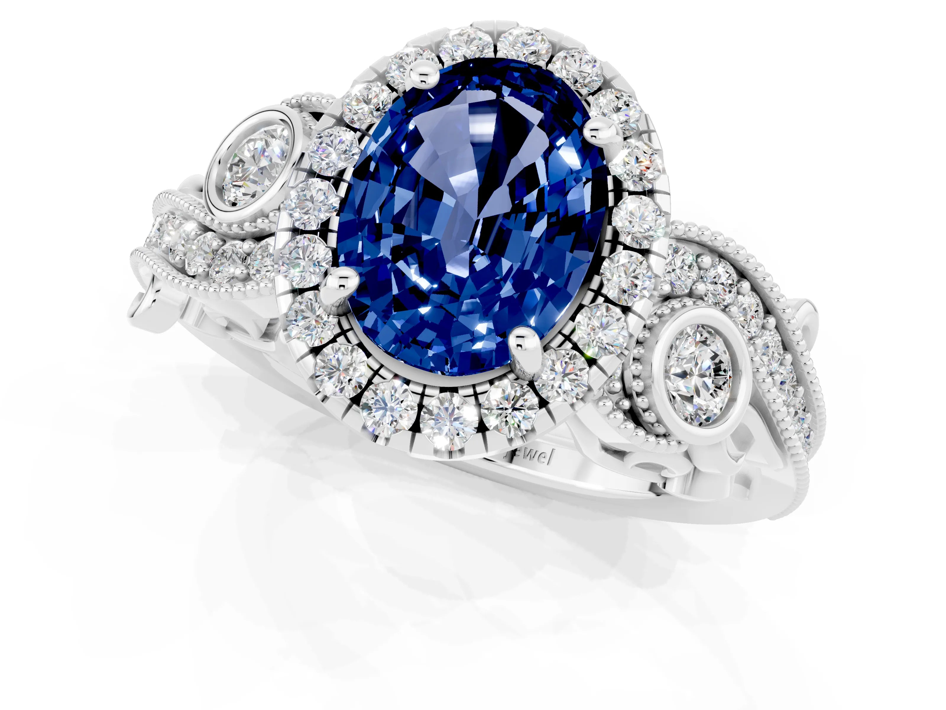 White gold Oval Cut Blue Sapphire Halo Ring with Milgrain Pavé Band and Four-Prong Setting_13