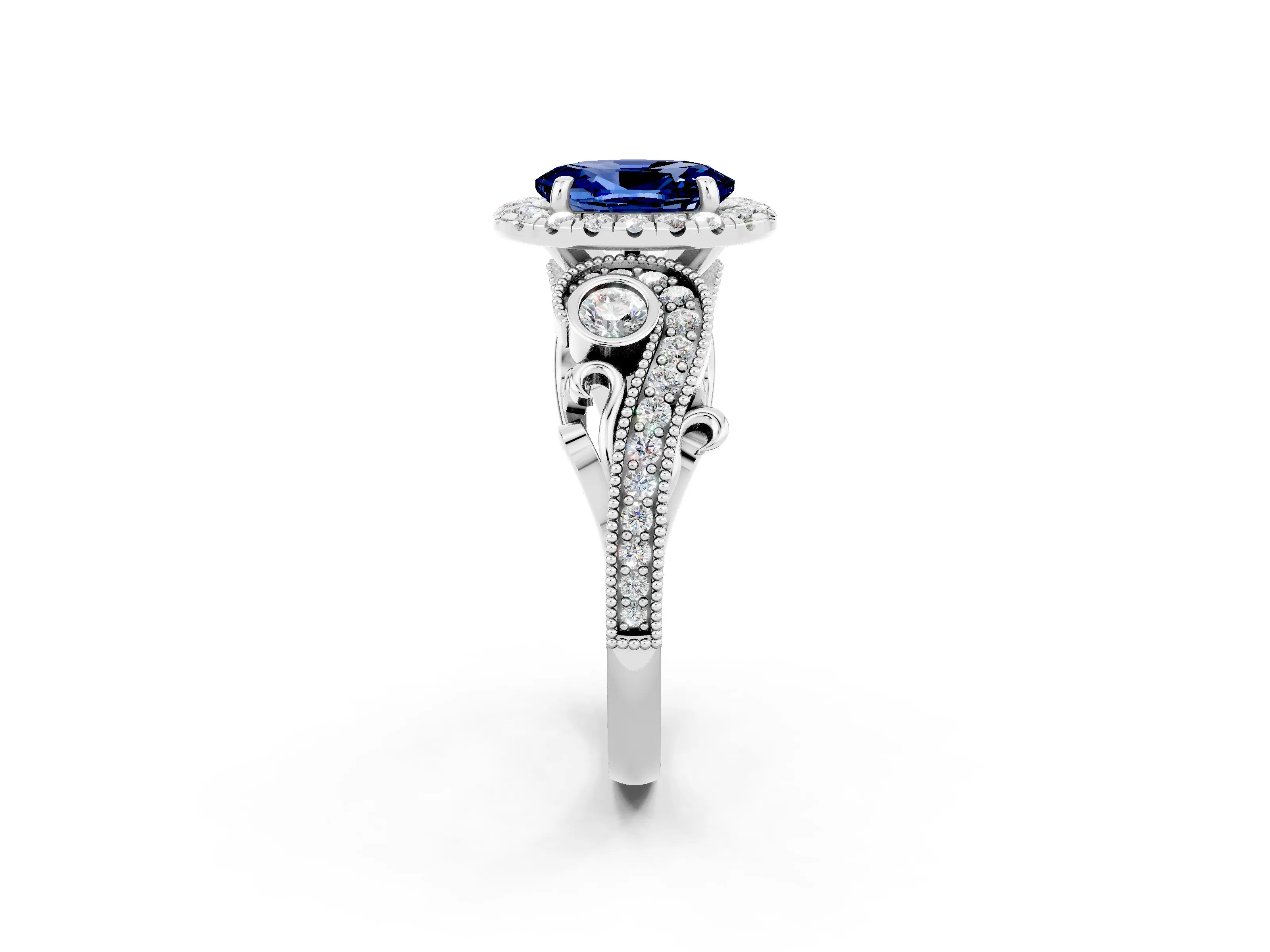 White gold Oval Cut Blue Sapphire Halo Ring with Milgrain Pavé Band and Four-Prong Setting_14