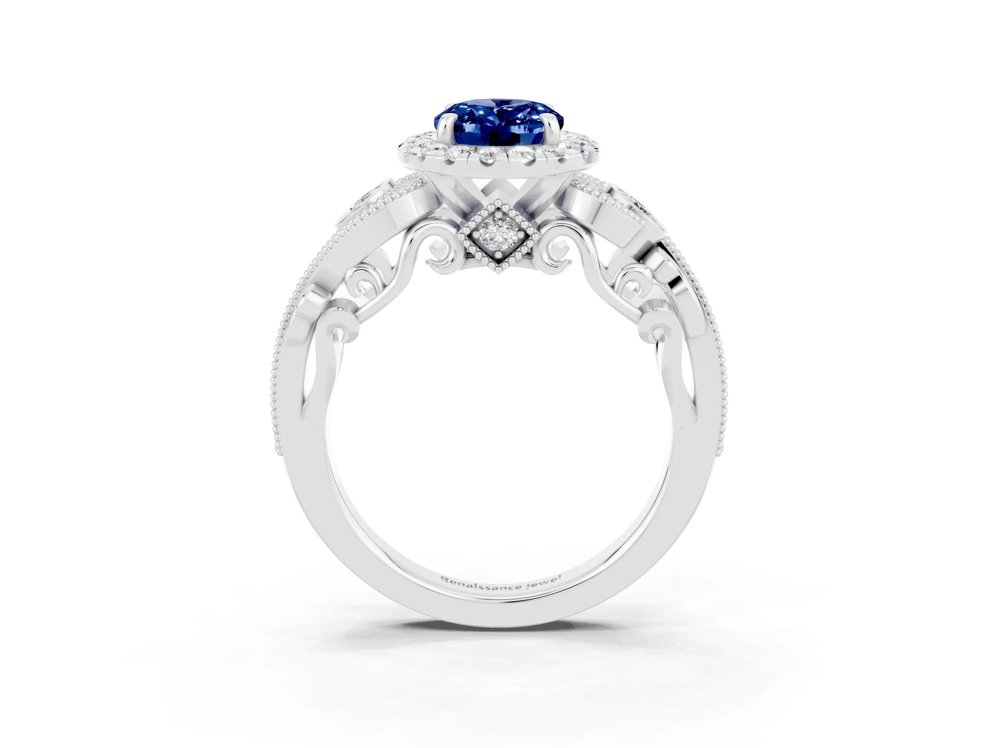 White gold Oval Cut Blue Sapphire Halo Ring with Milgrain Pavé Band and Four-Prong Setting_15