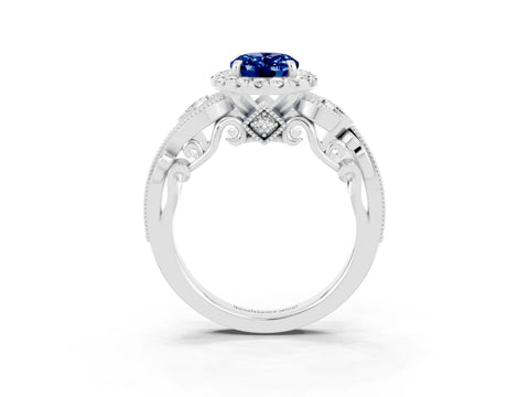 White gold Oval Cut Blue Sapphire Halo Ring with Milgrain Pavé Band and Four-Prong Setting_15