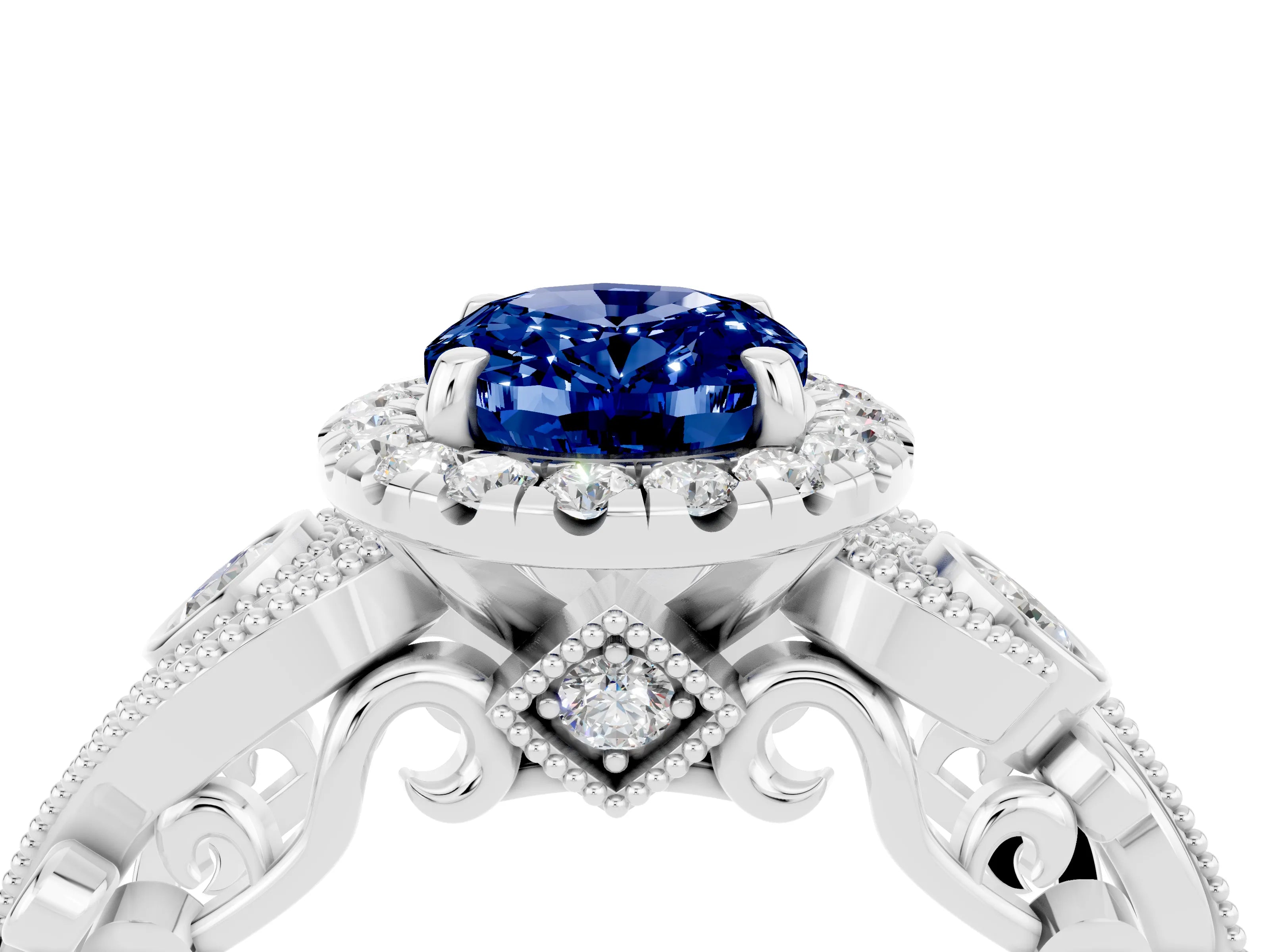 White gold Oval Cut Blue Sapphire Halo Ring with Milgrain Pavé Band and Four-Prong Setting_16