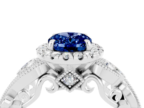 White gold Oval Cut Blue Sapphire Halo Ring with Milgrain Pavé Band and Four-Prong Setting_16