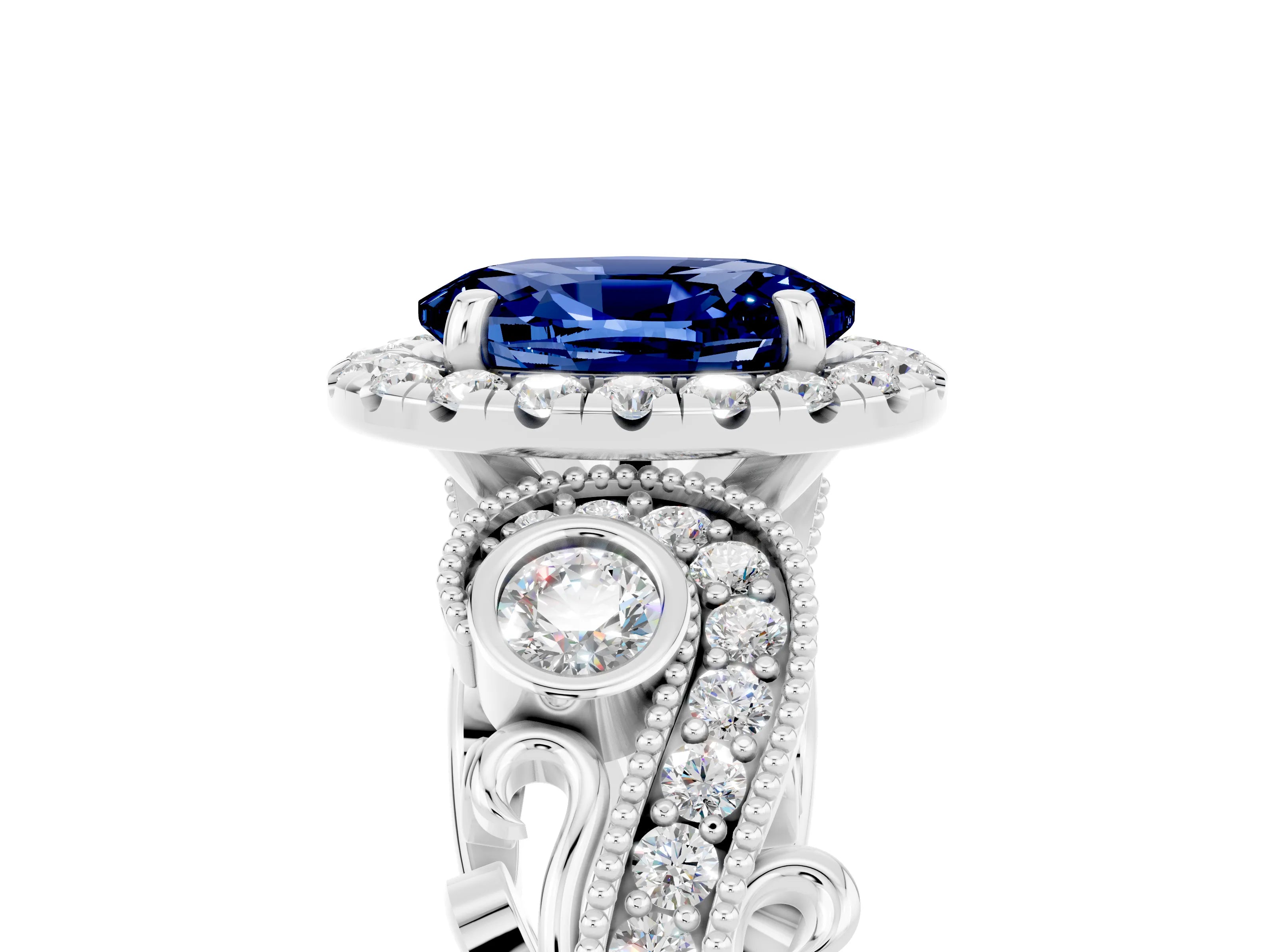White gold Oval Cut Blue Sapphire Halo Ring with Milgrain Pavé Band and Four-Prong Setting_17