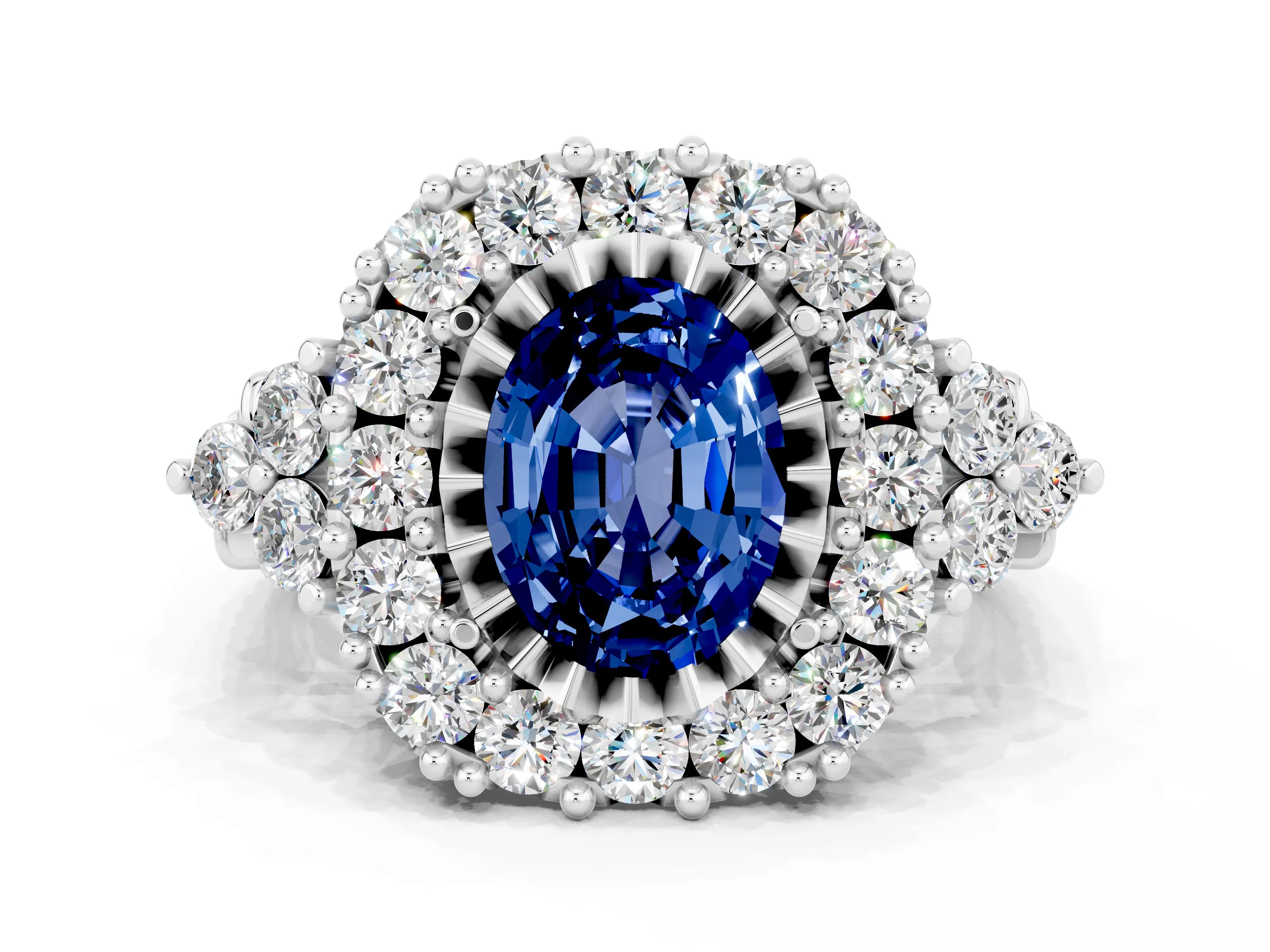 White gold Oval Cut Blue Sapphire Halo Ring with Pavé Band and Four-Prong Setting_12