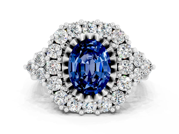 White gold Oval Cut Blue Sapphire Halo Ring with Pavé Band and Four-Prong Setting