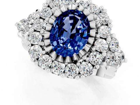 White gold Oval Cut Blue Sapphire Halo Ring with Pavé Band and Four-Prong Setting_13