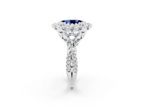 White gold Oval Cut Blue Sapphire Halo Ring with Pavé Band and Four-Prong Setting_14