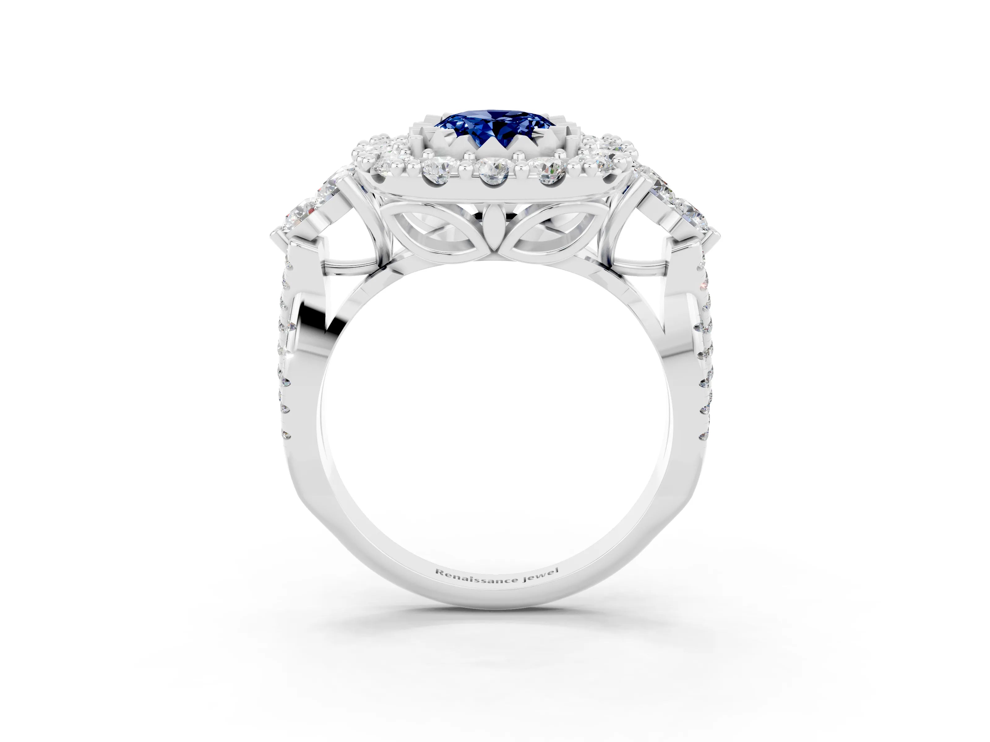White gold Oval Cut Blue Sapphire Halo Ring with Pavé Band and Four-Prong Setting_15