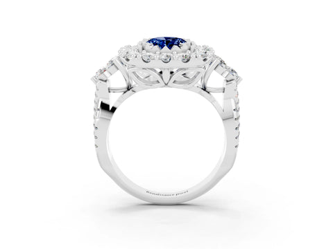 White gold Oval Cut Blue Sapphire Halo Ring with Pavé Band and Four-Prong Setting_15
