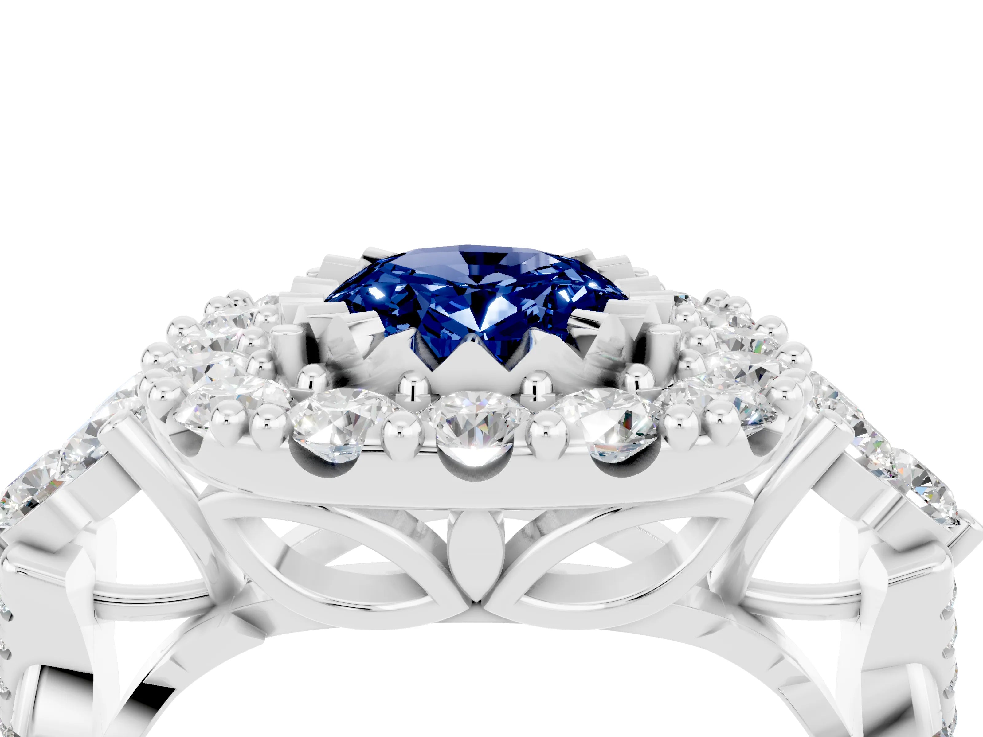 White gold Oval Cut Blue Sapphire Halo Ring with Pavé Band and Four-Prong Setting_16