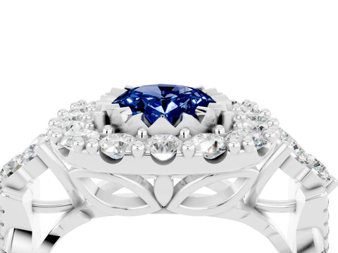 White gold Oval Cut Blue Sapphire Halo Ring with Pavé Band and Four-Prong Setting_16