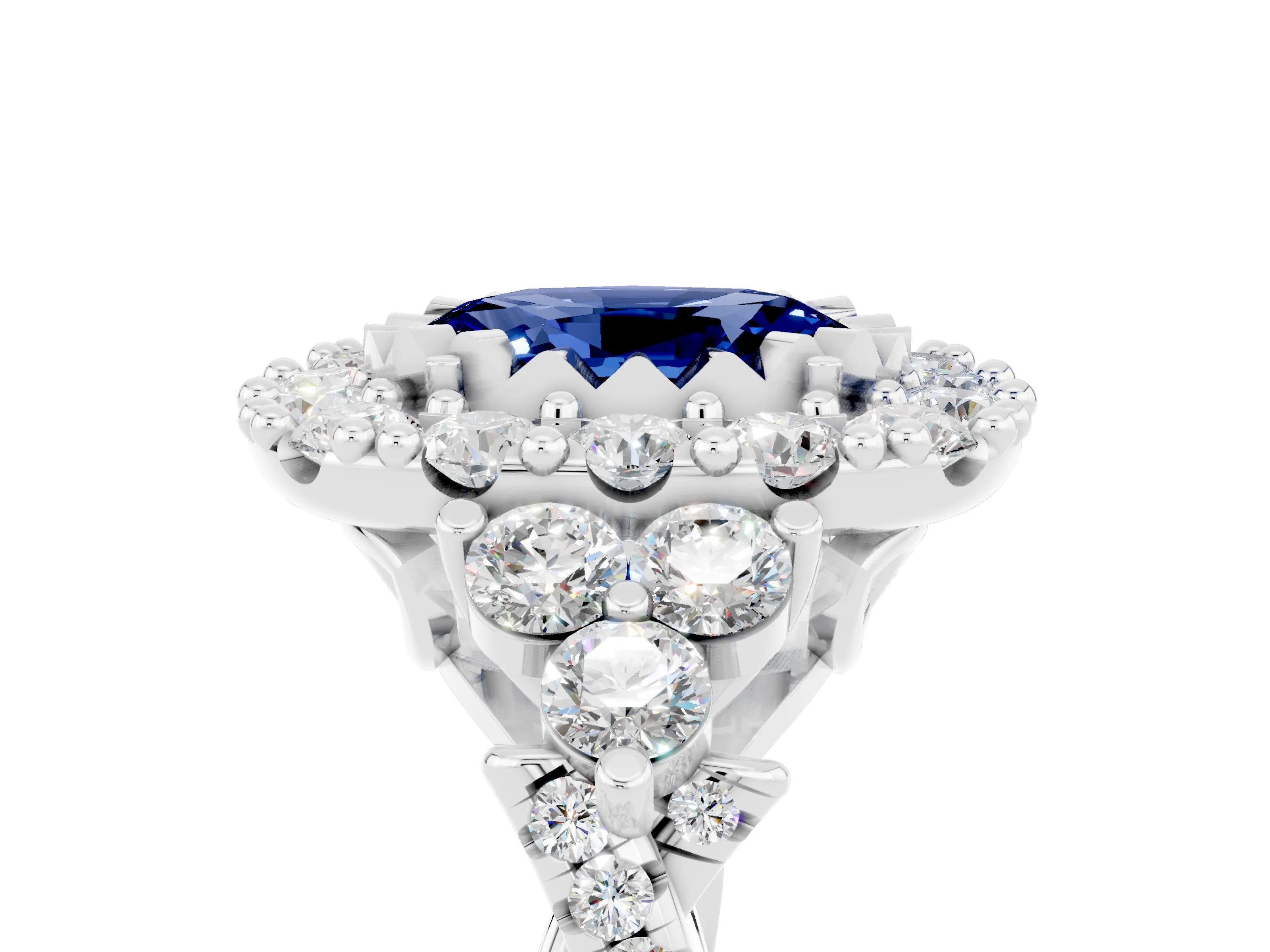 White gold Oval Cut Blue Sapphire Halo Ring with Pavé Band and Four-Prong Setting_17