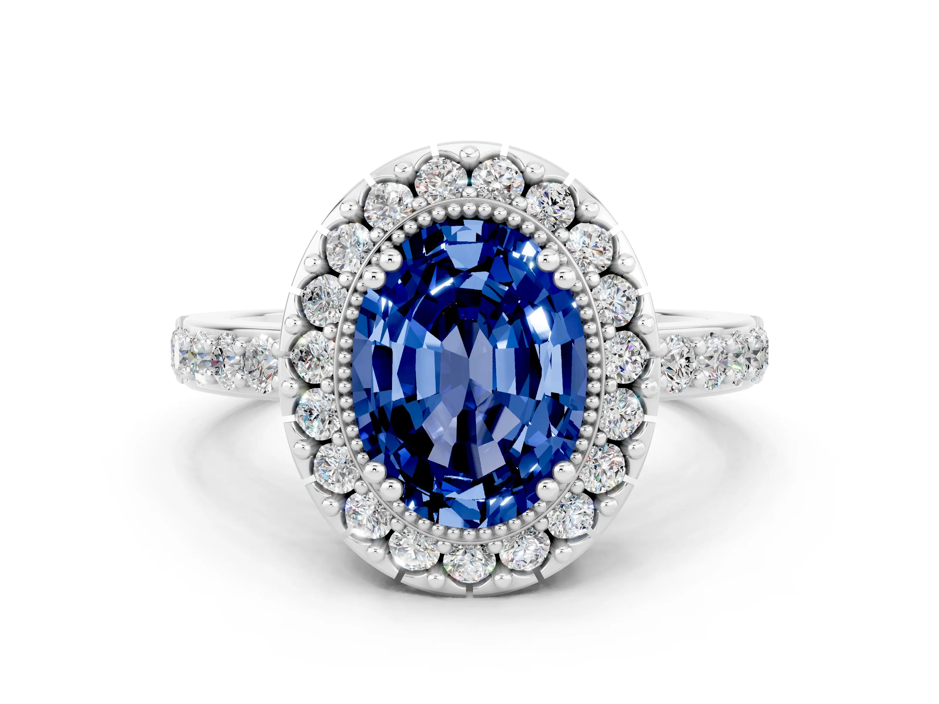 White gold Oval Cut Blue Sapphire Halo Ring with Pavé Band and Prong Setting
