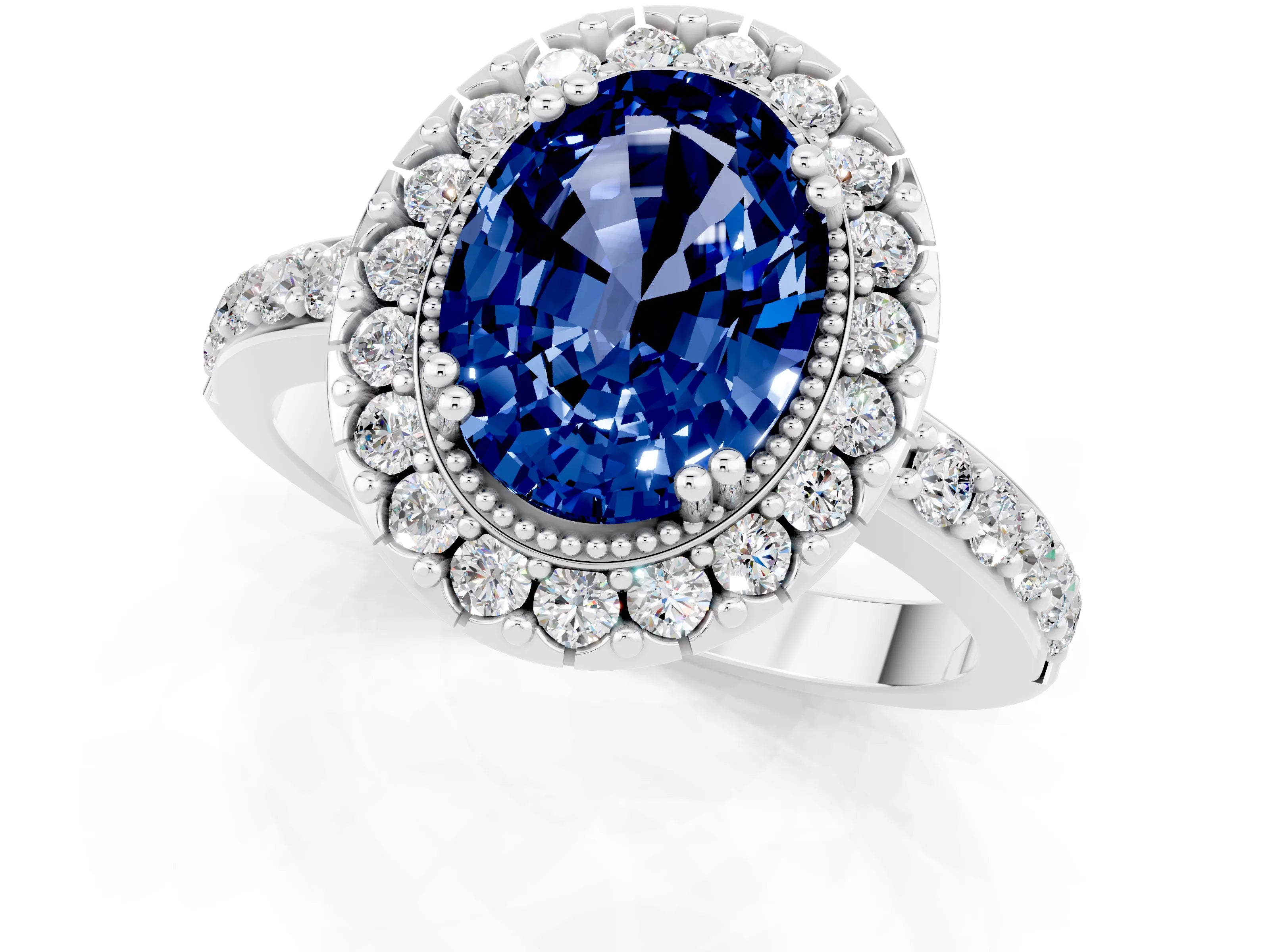 White gold Oval Cut Blue Sapphire Halo Ring with Pavé Band and Prong Setting_1