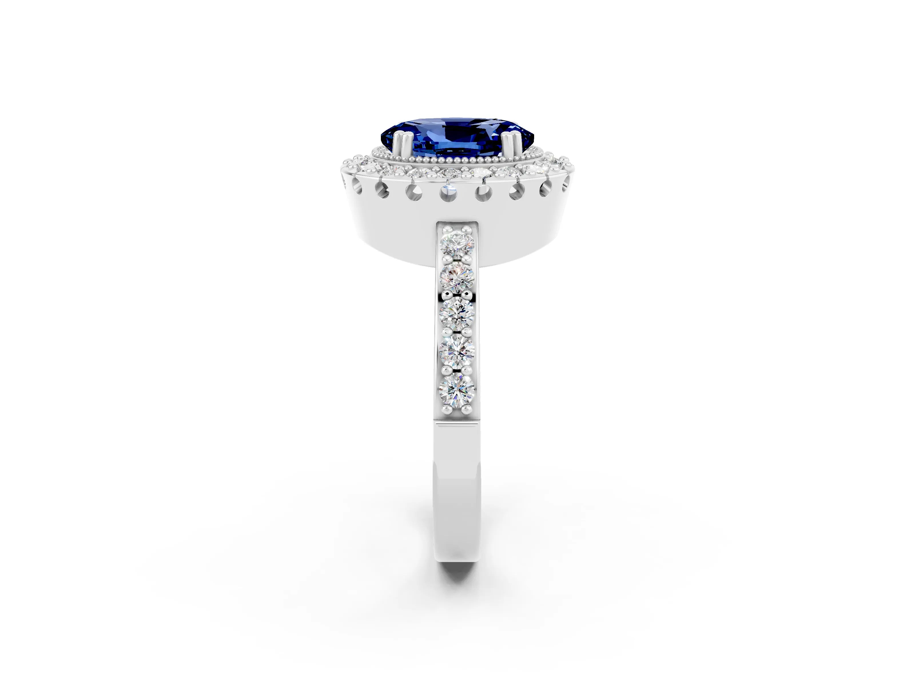 White gold Oval Cut Blue Sapphire Halo Ring with Pavé Band and Prong Setting_2