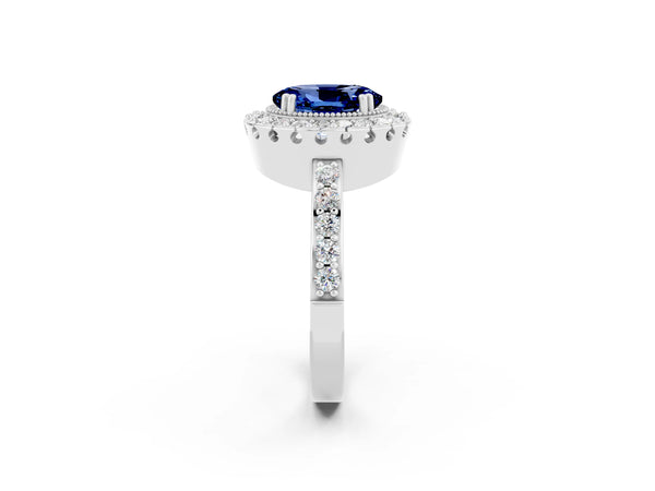 Platinum Oval Cut Blue Sapphire Halo Ring with Pavé Band and Prong Setting