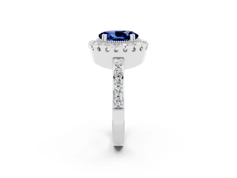 White gold Oval Cut Blue Sapphire Halo Ring with Pavé Band and Prong Setting_2