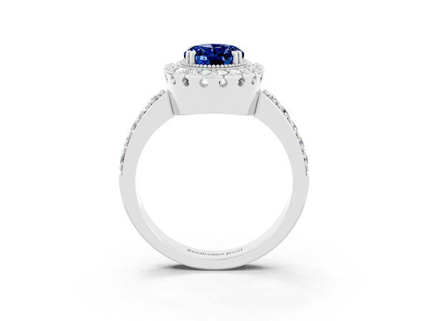 Platinum Oval Cut Blue Sapphire Halo Ring with Pavé Band and Prong Setting