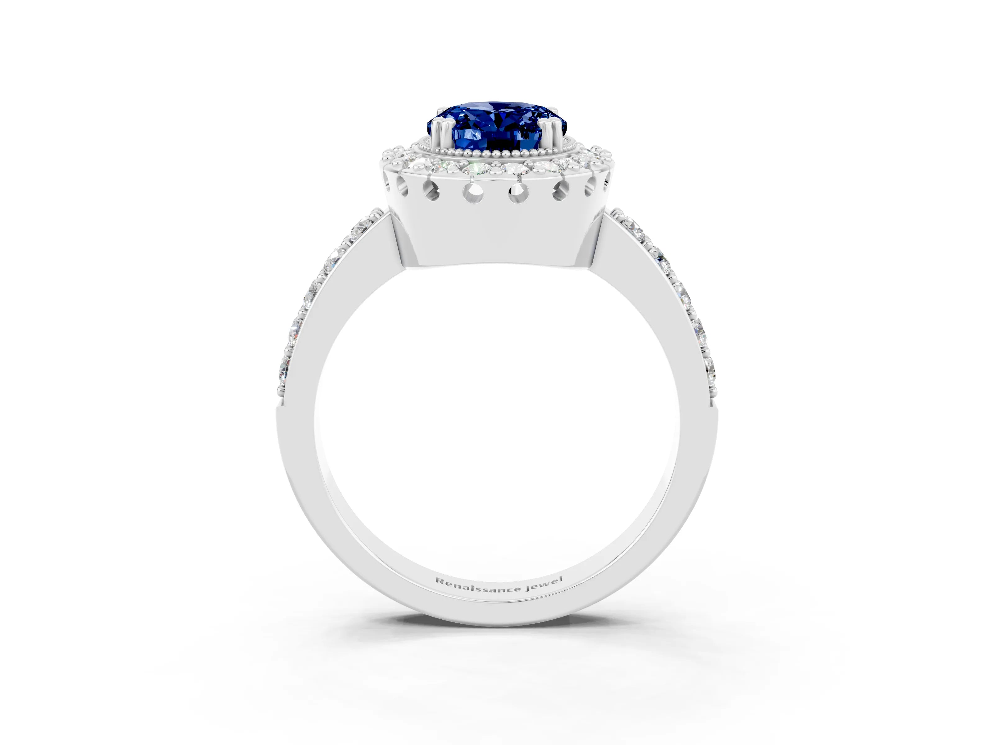 White gold Oval Cut Blue Sapphire Halo Ring with Pavé Band and Prong Setting_3