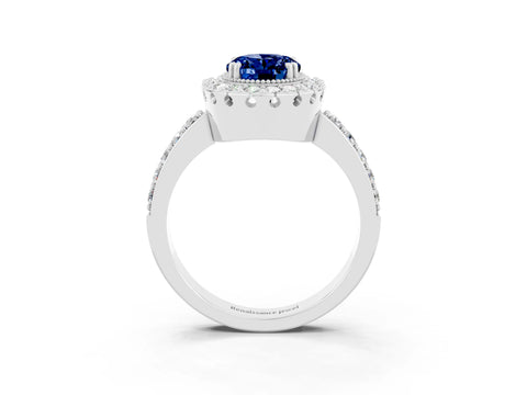 White gold Oval Cut Blue Sapphire Halo Ring with Pavé Band and Prong Setting_3