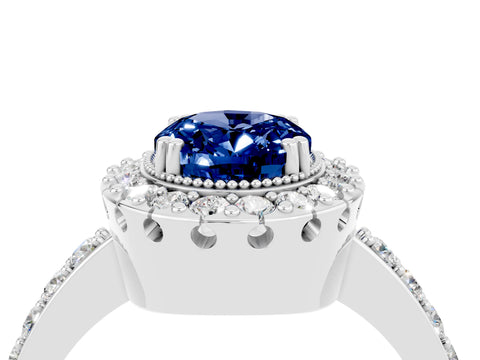 White gold Oval Cut Blue Sapphire Halo Ring with Pavé Band and Prong Setting_4