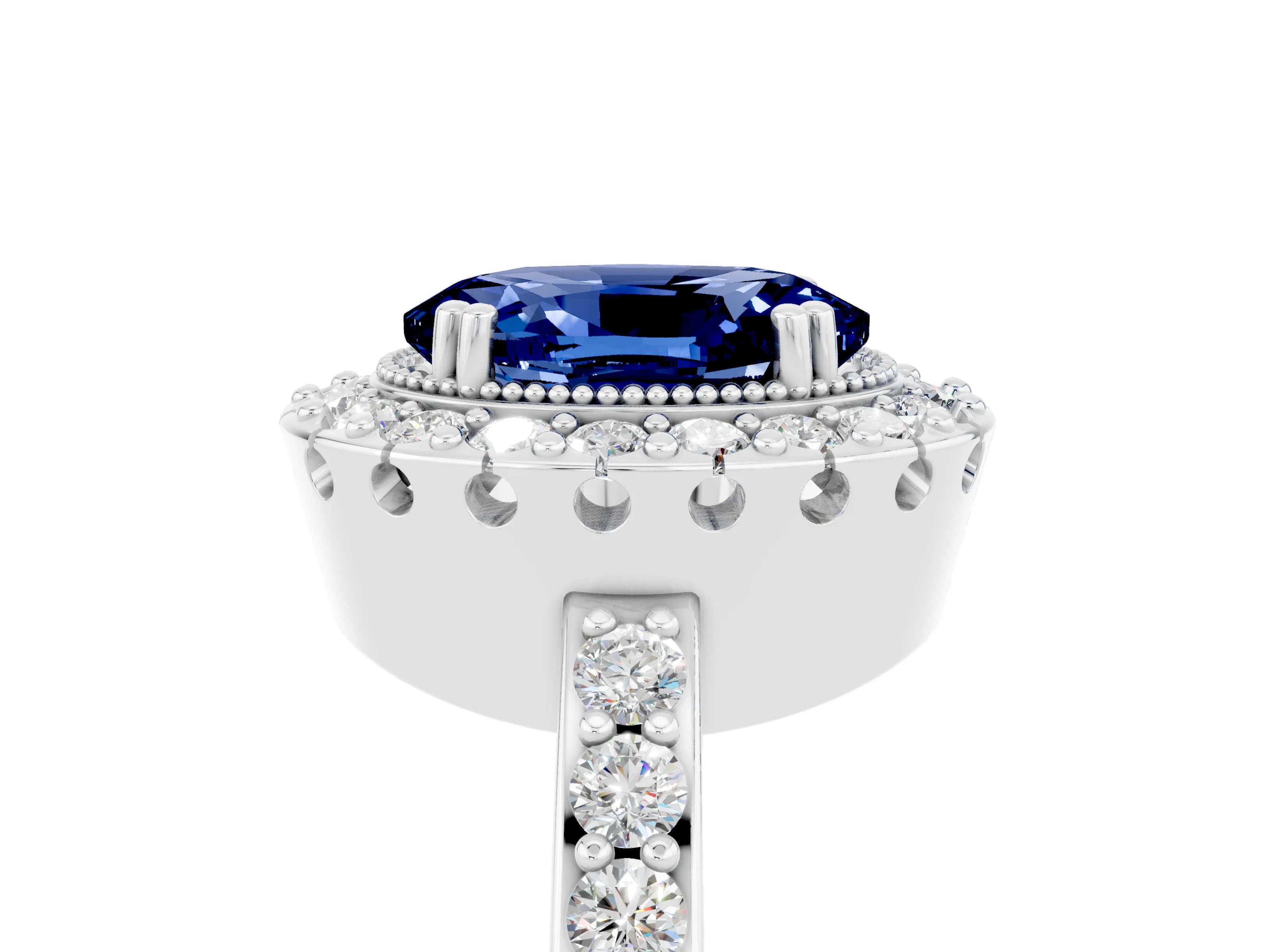 White gold Oval Cut Blue Sapphire Halo Ring with Pavé Band and Prong Setting_5