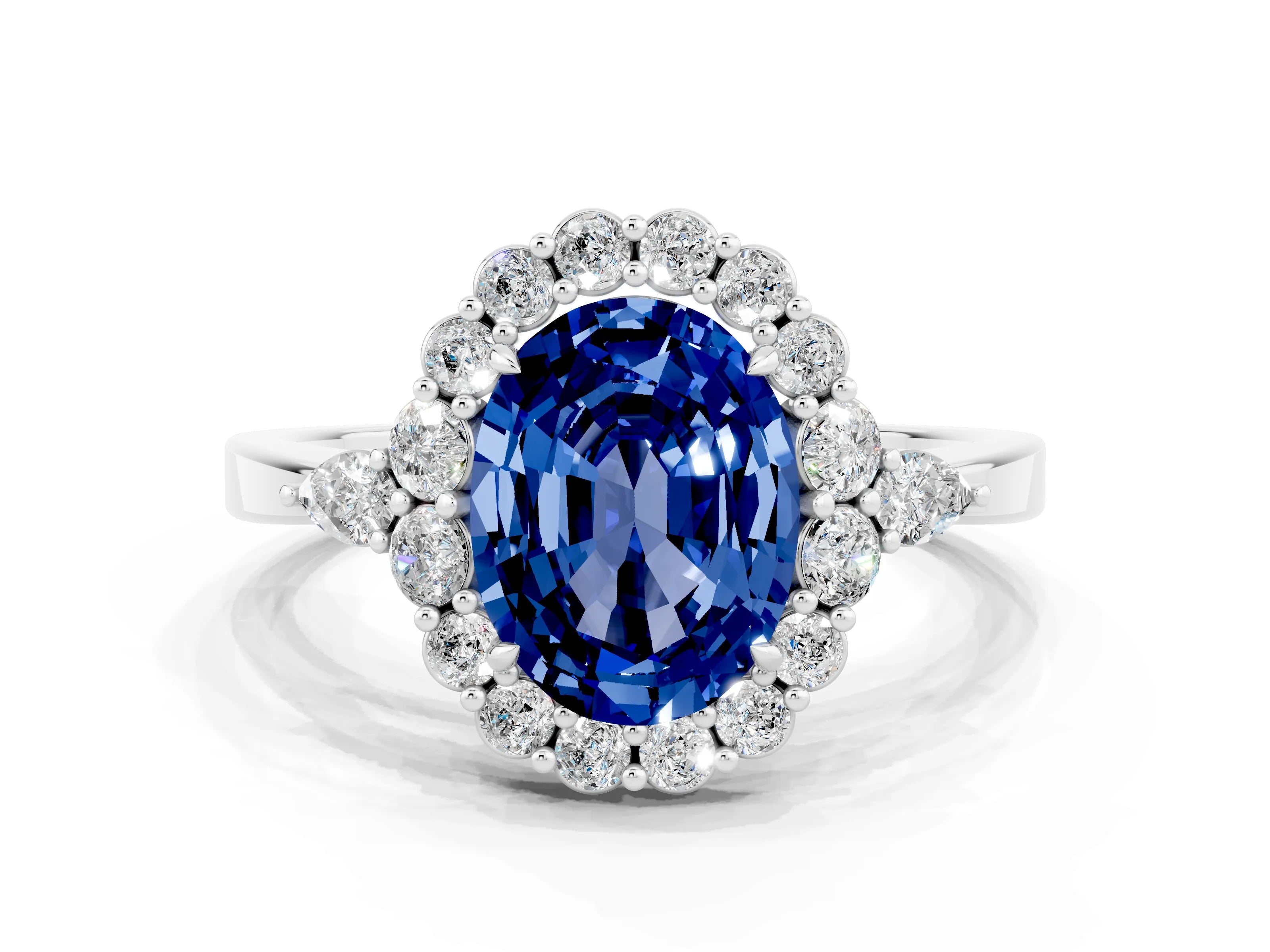 White gold Oval Cut Blue Sapphire Halo Ring with Pear Side Stones and Prong Setting_24