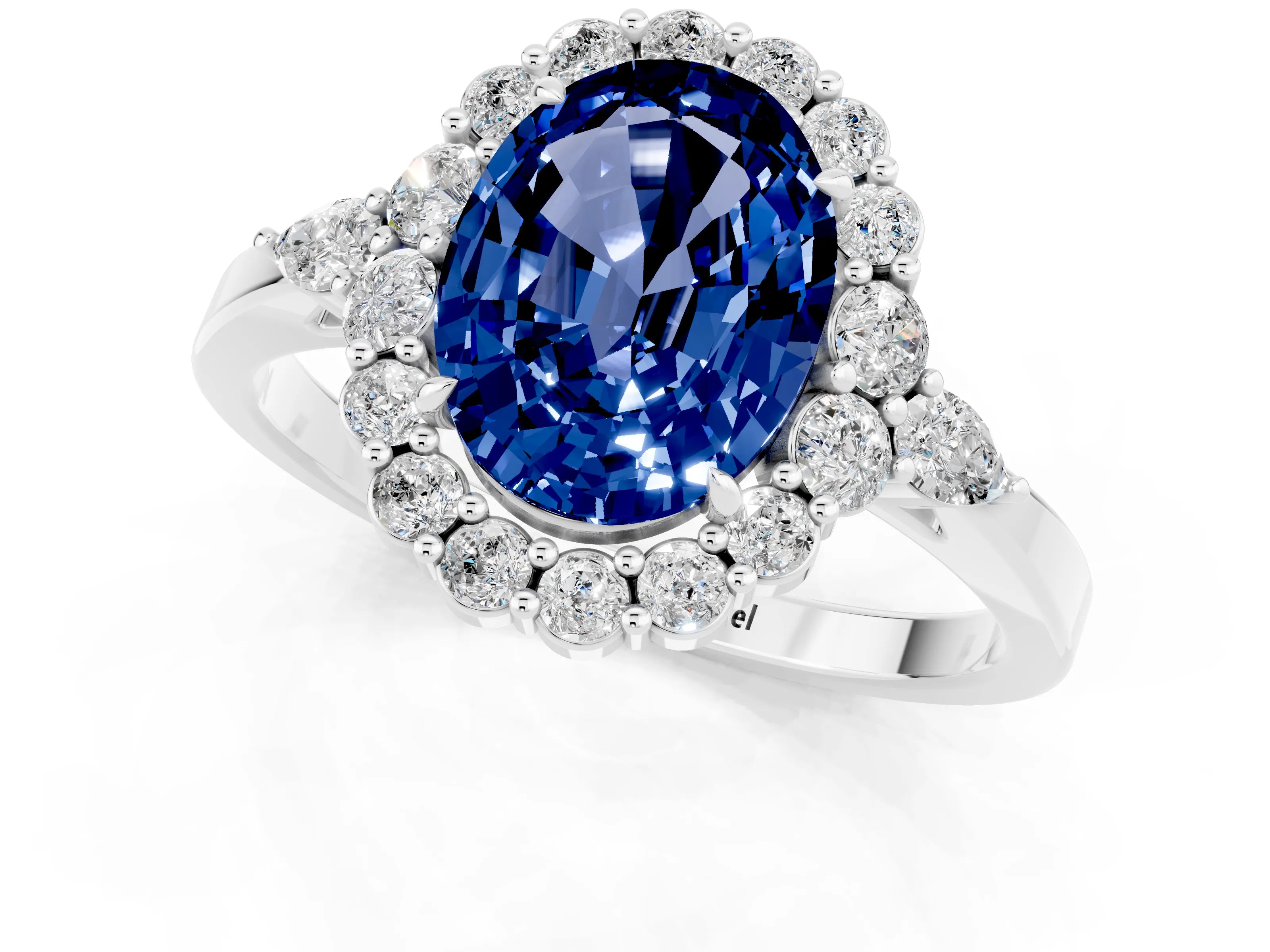White gold Oval Cut Blue Sapphire Halo Ring with Pear Side Stones and Prong Setting_25