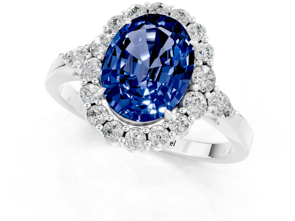 10K White Gold Blue Sapphire Halo Ring with Pear Side Stones and Prong Setting