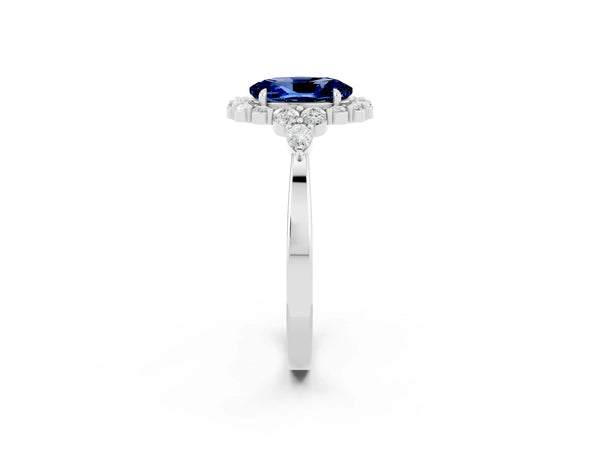 10K White Gold Blue Sapphire Halo Ring with Pear Side Stones and Prong Setting