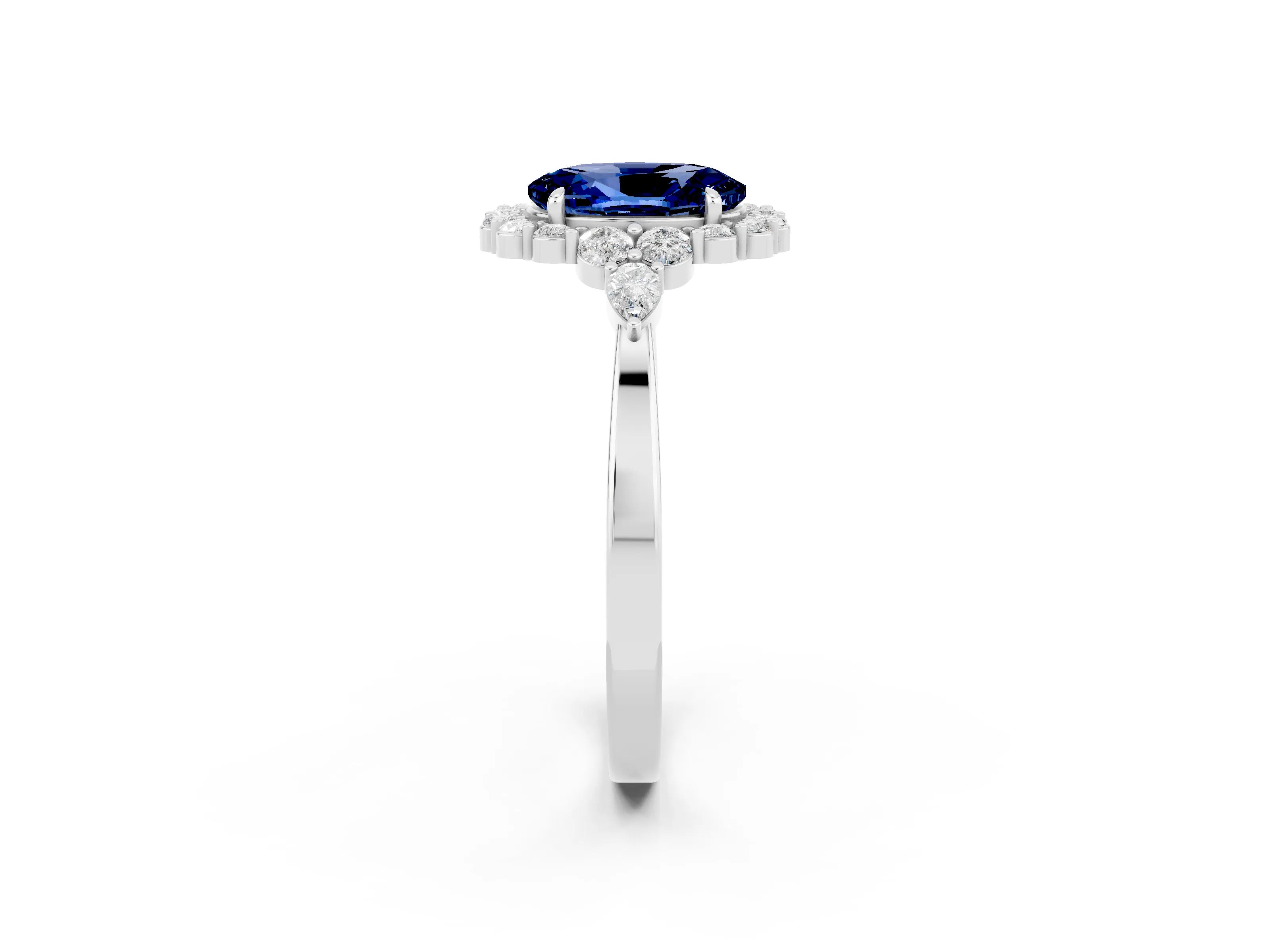 White gold Oval Cut Blue Sapphire Halo Ring with Pear Side Stones and Prong Setting_26