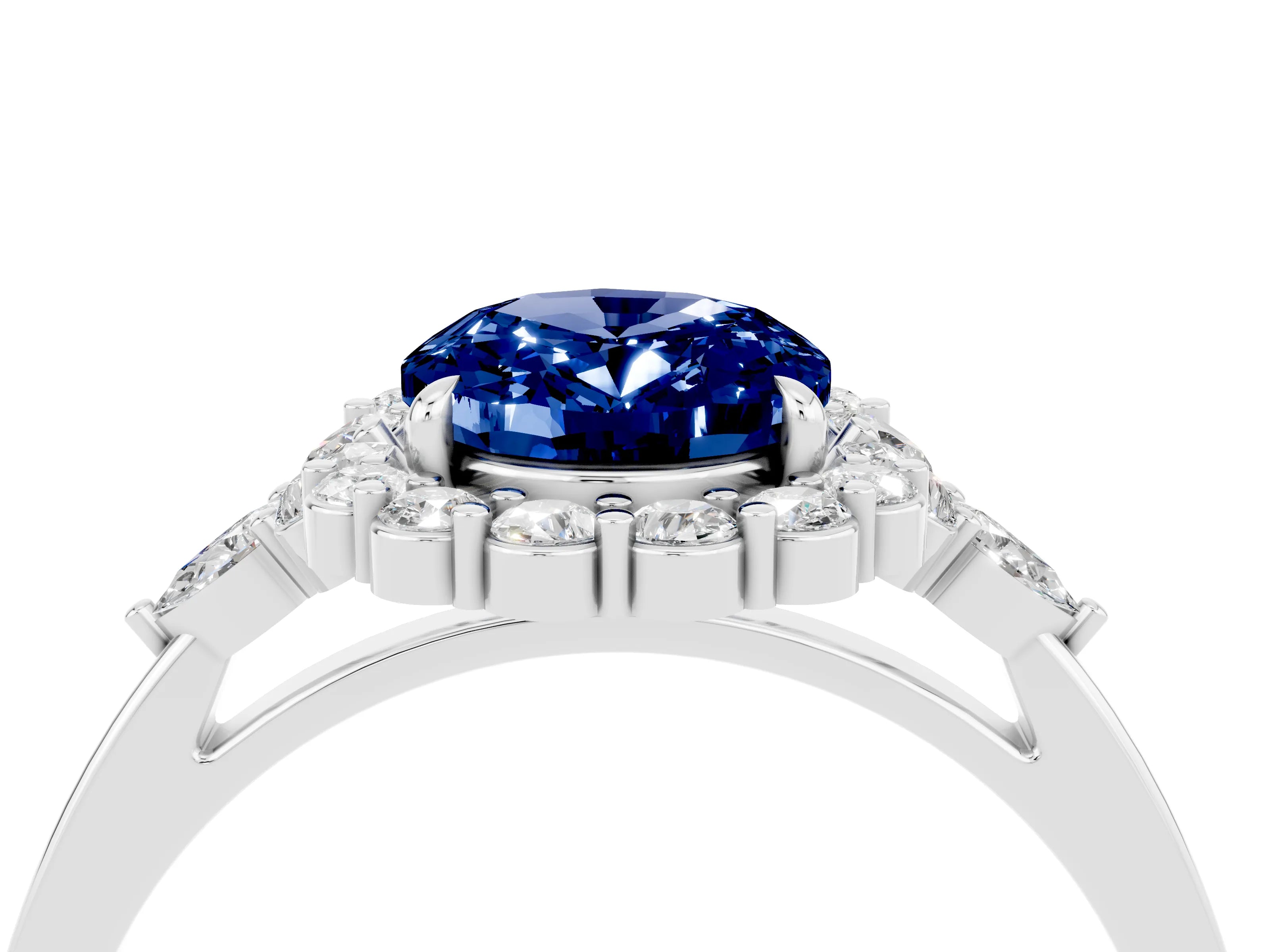 White gold Oval Cut Blue Sapphire Halo Ring with Pear Side Stones and Prong Setting_28