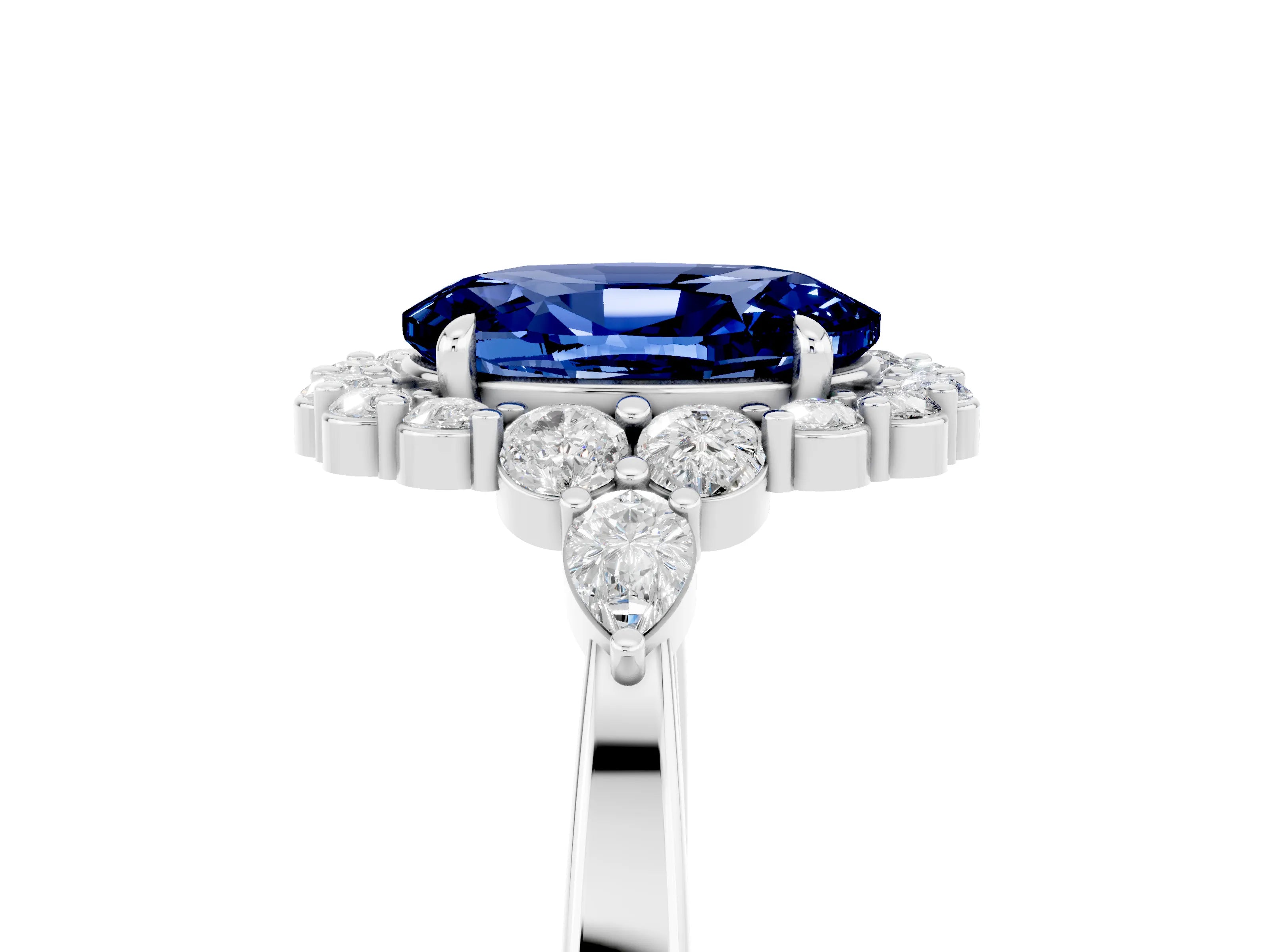 White gold Oval Cut Blue Sapphire Halo Ring with Pear Side Stones and Prong Setting_29
