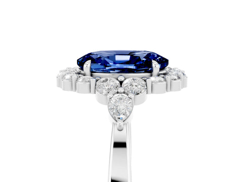 White gold Oval Cut Blue Sapphire Halo Ring with Pear Side Stones and Prong Setting_29