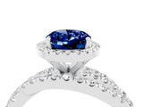 White gold Oval Cut Blue Sapphire Halo Ring with Round Split Shank and Prong Setting_64
