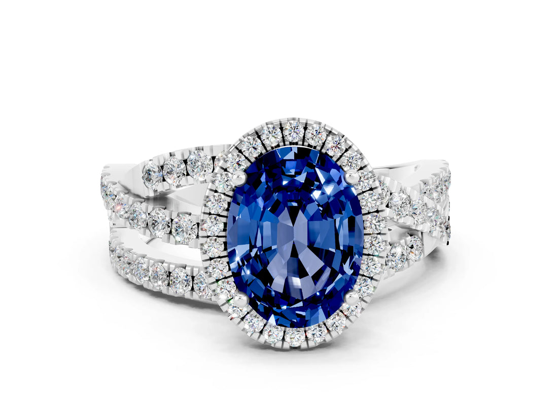 White gold Oval Cut Blue Sapphire Halo Ring with Round Split Shank and Prong Setting_66