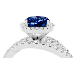 White gold Oval Cut Blue Sapphire Halo Ring with Round Split Shank and Prong Setting_76